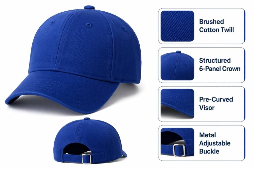 Classic 6-panel baseball cap in royal blue brushed cotton twill with structured crown, pre-curved visor, embroidered eyelets, and adjustable metal buckle closure — the go-to blank cap for team uniforms, corporate branding, retail merchandise lines, and large-volume promotional giveaways with a clean front panel for custom embroidery or patch application.