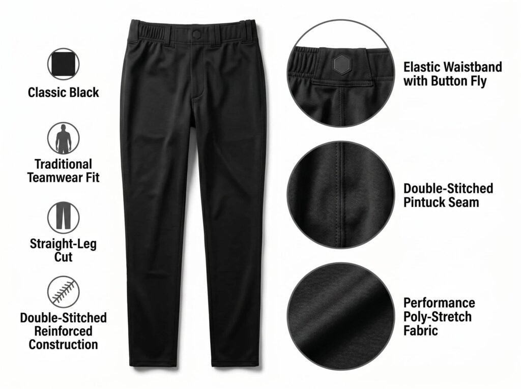 Classic Baseball Pants —Classic Black — Traditional Team Fit with Straight-Leg Cut and Double-Stitched Reinforcement