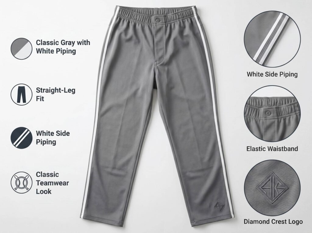 Classic Baseball Pants —Classic Gray with White Piping — Straight-Leg Fit with Traditional Team Style