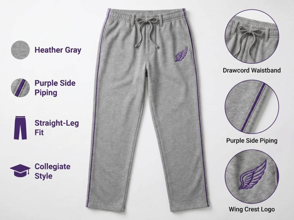 Classic Baseball Pants —Heather Gray with Purple Piping — Straight-Leg Fit with Classic Collegiate Style