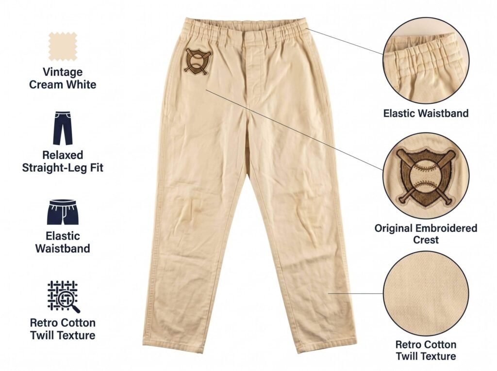 Classic Baseball Pants —Vintage Cream White — Relaxed Straight-Leg Fit, Elastic Waistband, and Retro Cotton Texture