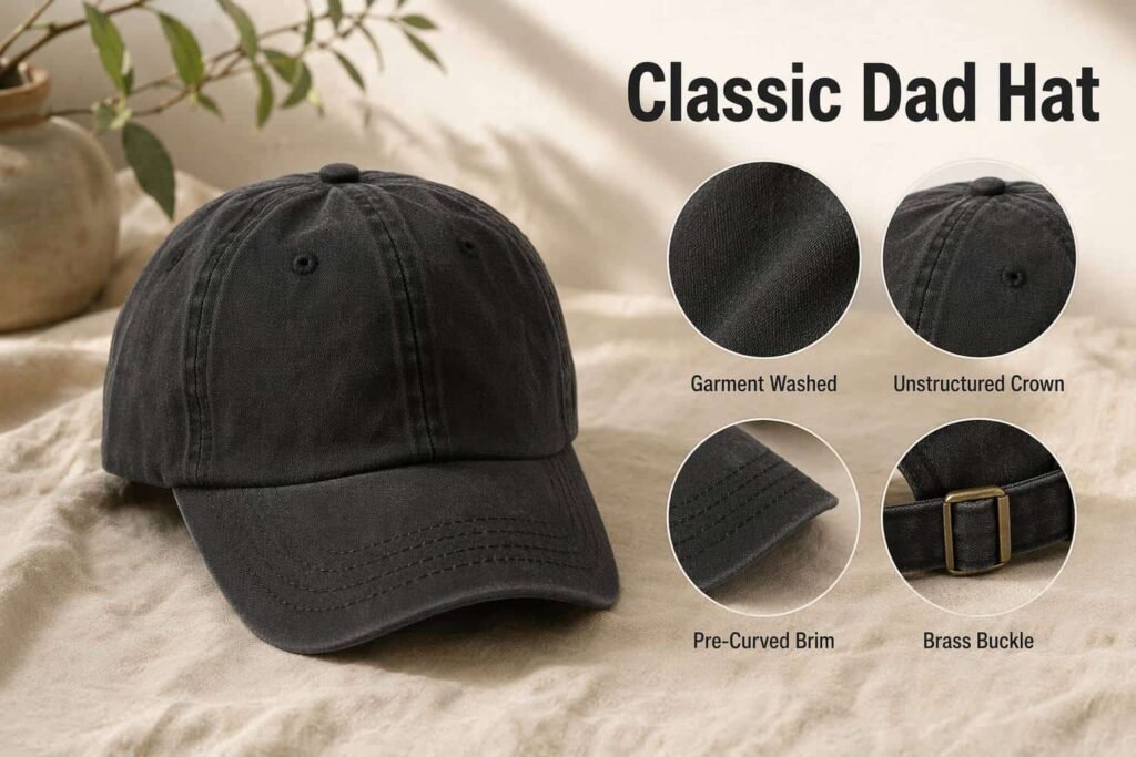 Classic faded black washed cotton dad hat with soft unstructured crown, pre-curved brim, tonal embroidery, and vintage brass metal slide buckle closure — custom relaxed-fit baseball cap for lifestyle brands, coffee shops, and casual everyday wear