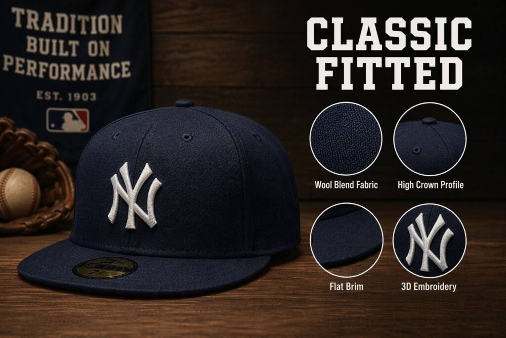 Classic navy blue wool blend fitted hat with structured high crown, flat brim, and 3D embroidered logo — closed-back fitted baseball cap for sports teams, streetwear brands, and custom promotional apparel