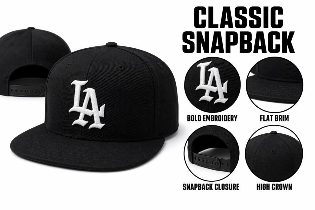 Classic jet black flat brim snapback hat with bold white embroidered logo, structured high crown, and adjustable plastic snapback closure — custom snapback cap for streetwear brands, sports teams, and promotional merchandise