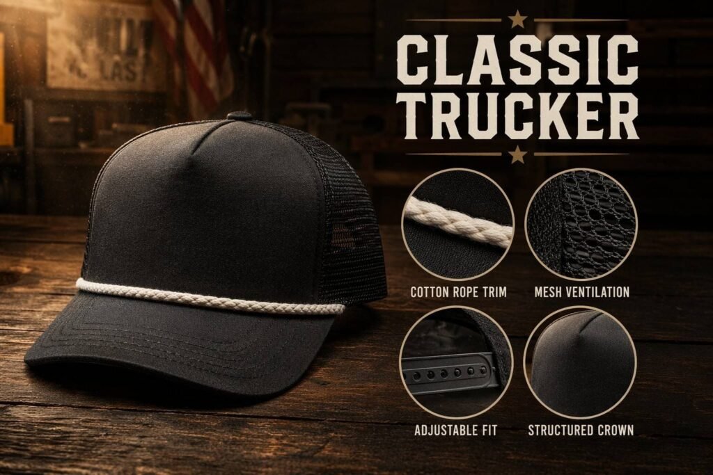 Classic black rope trucker cap with cotton braided rope trim, breathable mesh back panel, structured foam crown, and adjustable snapback closure — custom baseball cap for sports teams, streetwear brands, and promotional use