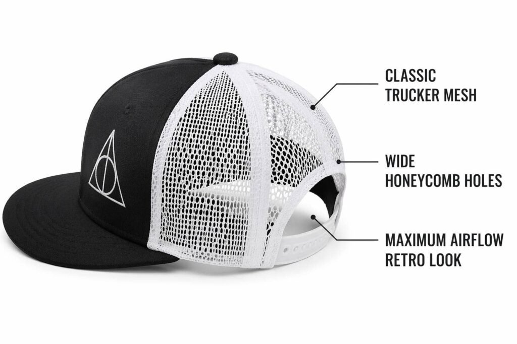 classic trucker mesh back custom hat in white mesh with black front panel, iconic wide honeycomb hole pattern for maximum airflow, thick yarn construction with retro aesthetic, embroidered logo, wholesale B2B promotional headwear with authentic vintage trucker style