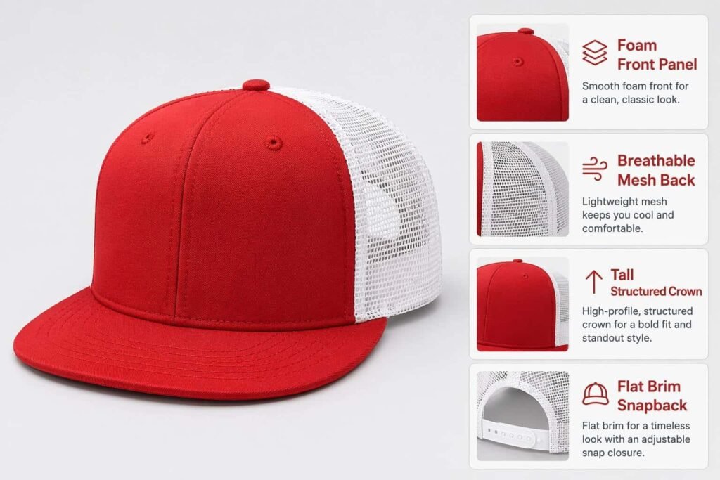 Classic foam trucker snapback hat with bold red structured front panel and white breathable mesh back, tall structured crown, flat brim, and adjustable snap closure — an iconic American trucker silhouette for outdoor events, sports team merchandise, summer promotional giveaways, and casual brand headwear with a solid front panel ready for custom screen printing or embroidery.