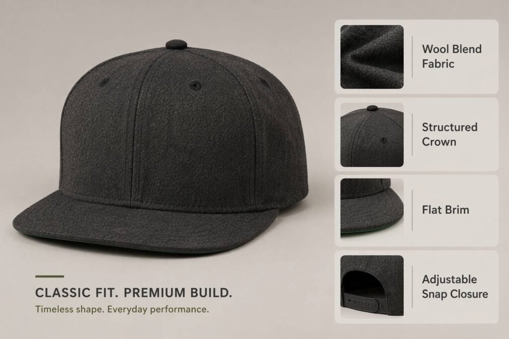 Classic 6-panel snapback hat in heathered charcoal wool blend fabric with structured high crown, flat brim, and adjustable snap closure — ideal for corporate branding, team uniforms, and premium promotional merchandise.