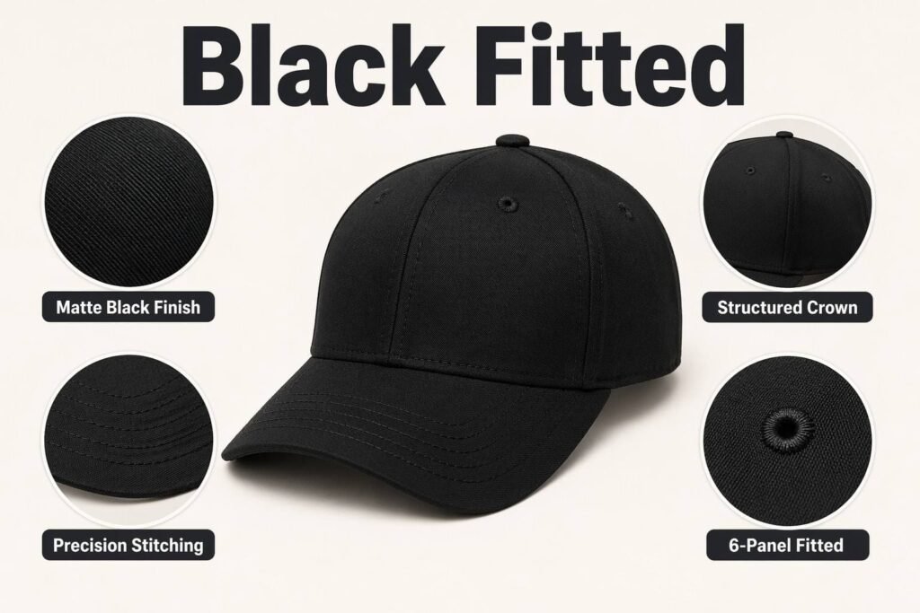 Color Customization— Black Fitted Hat—Matte Black Finish、Structured Crown、 Precision Stitching、 6-Panel Fitted