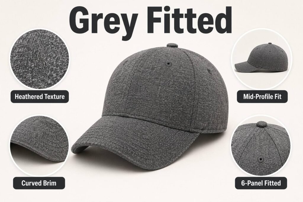 Color Customization— Grey Fitted Hat—Heathered Texture、 Mid-Profile Fit、 Curved Brim、 6-Panel Fitted