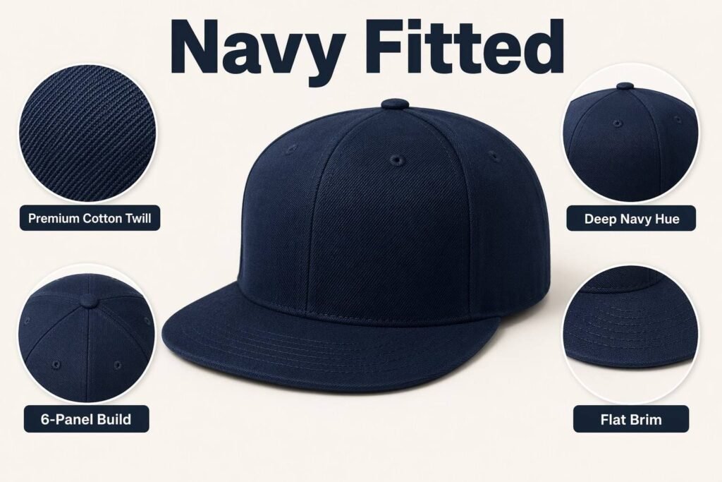 Color Customization— Navy Fitted Hat—Premium Cotton Twill、 Deep Navy Hue、 6-Panel Build、 Flat Brim
