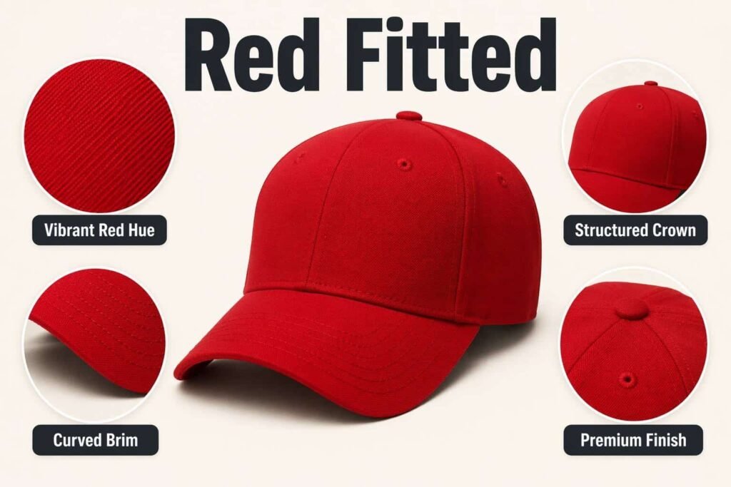 Color Customization— Red Fitted Hat—Vibrant Red Hue、 Structured Crown、 Curved Brim、 Premium Finish