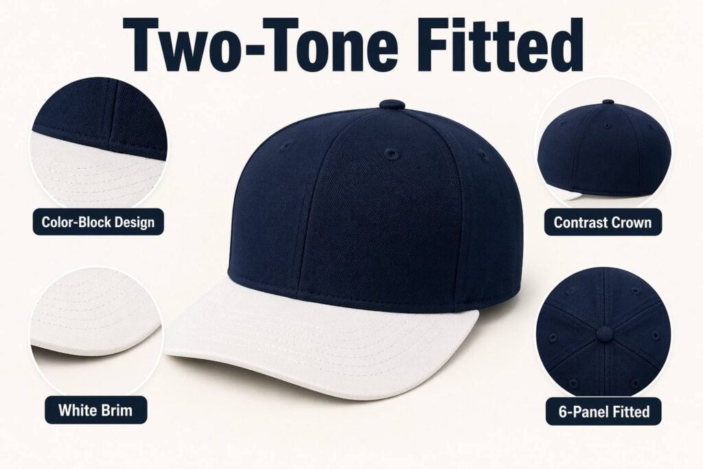 Color Customization— Two-Tone Fitted—Color-Block Design、 Contrast Crown、 White Brim、 6-Panel Fitted