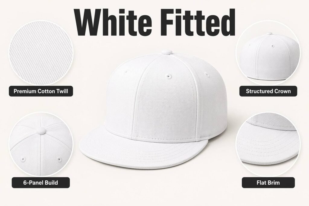 Color Customization— White Fitted Hat—Premium Cotton Twill、 Structured Crown、 6-Panel Build、 Flat Brim