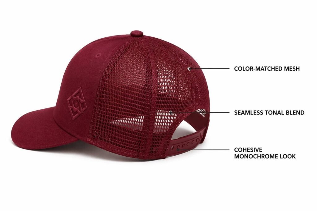 color-matched mesh back custom trucker hat in burgundy tonal mesh with matching burgundy front panel, seamless monochrome blend with no visible panel contrast, cohesive unified silhouette, embroidered logo, wholesale B2B promotional headwear for minimalist and premium brand aesthetics