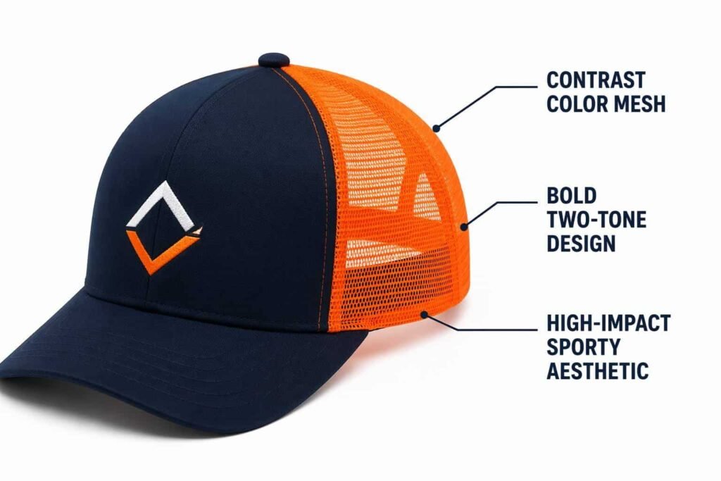 contrast color mesh back custom trucker hat in safety orange mesh with navy blue front panel, bold two-tone design with high-impact sporty aesthetic, vivid mesh pop against dark front, embroidered logo, wholesale B2B promotional headwear for sports teams events and high-visibility brand campaigns
