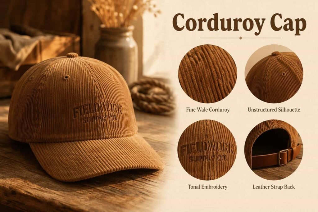 Warm caramel brown fine-wale corduroy baseball cap with unstructured silhouette, tonal embroidery, and genuine leather strap back closure — textured custom cap for premium apparel brands