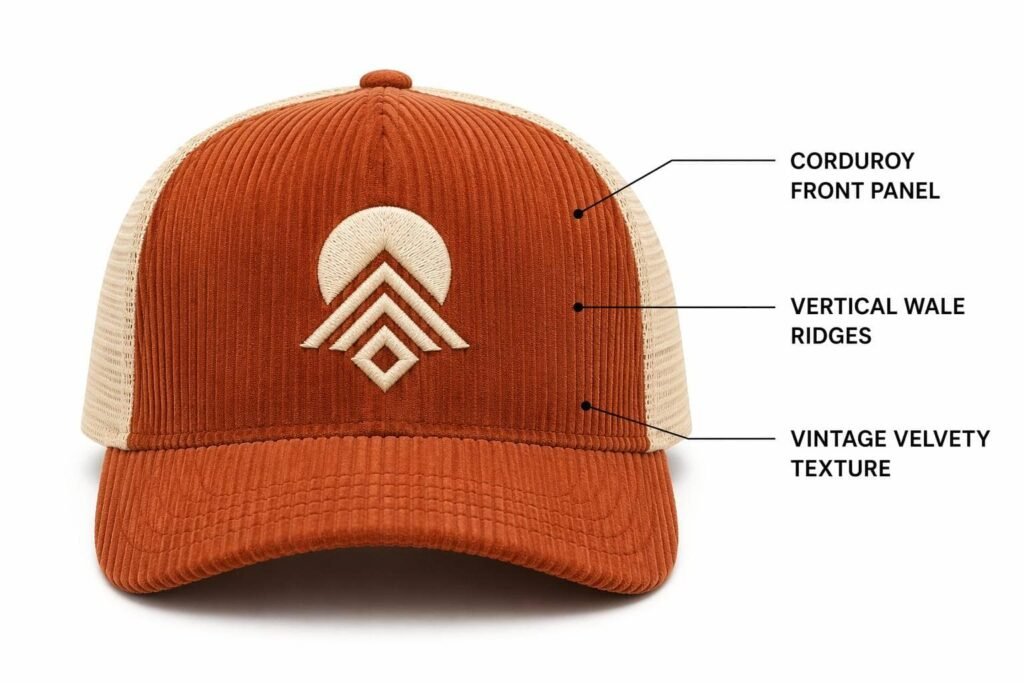 corduroy custom trucker hat in terracotta rust with cream mesh back, vertical wale ridge texture with soft velvety feel, vintage retro aesthetic, embroidered logo, wholesale B2B promotional headwear for heritage lifestyle and collegiate-inspired brands