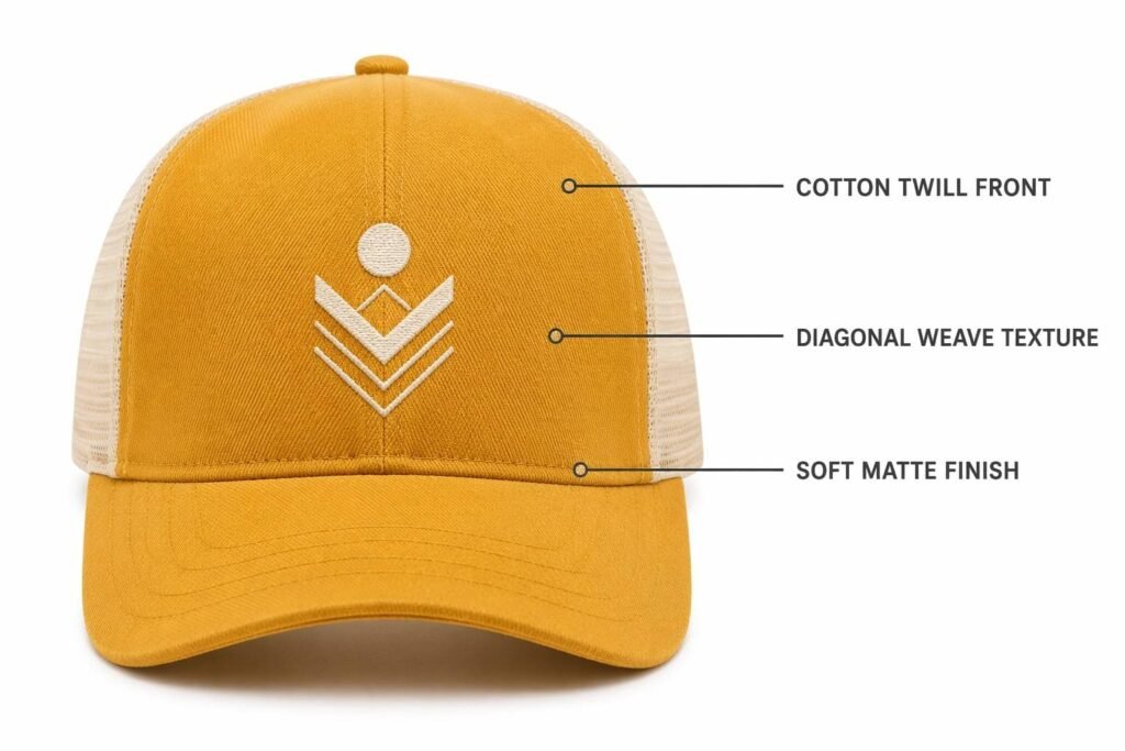 cotton twill custom trucker hat in mustard yellow with cream mesh back, diagonal weave texture with soft matte finish, breathable natural cotton front panel, embroidered logo, wholesale B2B promotional headwear for corporate branding and team merchandise