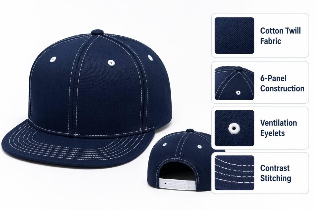 Cotton twill 6-panel snapback cap in deep navy with white contrast stitching and ventilation eyelets — a sporty classic silhouette for teams, schools, promotional campaigns, and everyday streetwear merchandising.