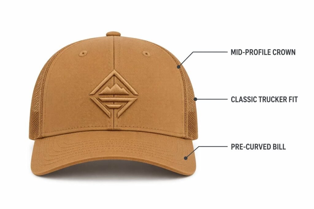 curved bill mid-profile custom trucker hat in warm camel tan, pre-curved brim for classic fit, balanced mid-height crown, breathable mesh back, embroidered logo panel, B2B wholesale corporate event and sports team promotional caps