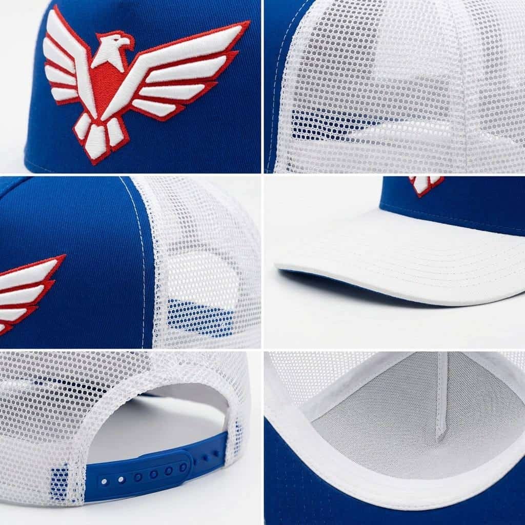 Custom 5-Panel Baseball Caps —Mesh Summer – White-eye blue front panel cap