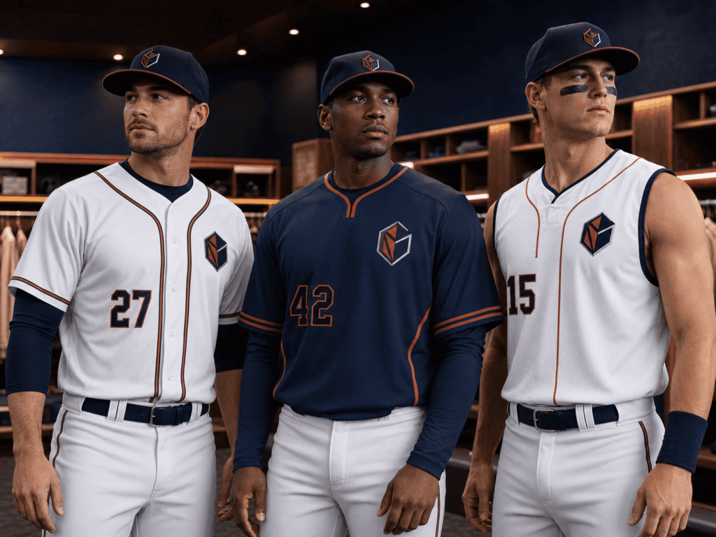 Custom baseball jerseys in button-up, pullover and sleeveless styles with original team logos and personalized player numbers in a professional locker room.