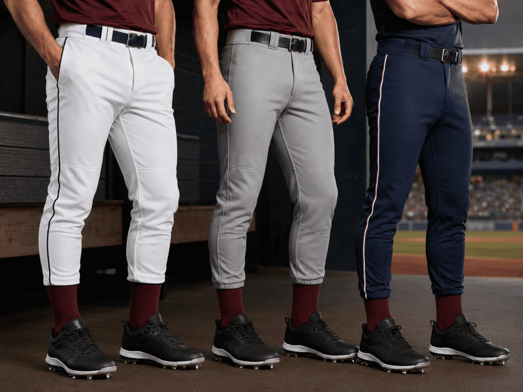 Custom baseball pants in piped white, solid gray and navy designs with reinforced stitching, worn by players beside a professional baseball field.