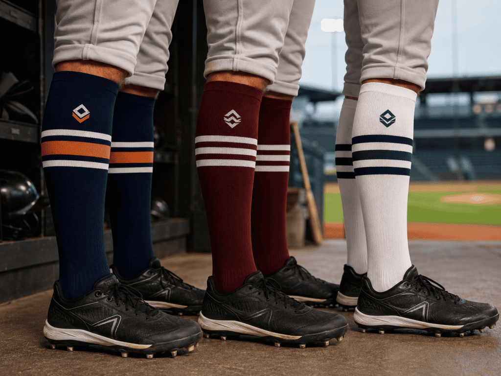 Custom baseball socks in navy, burgundy and white team colors with stripe patterns and original logo placements beside a professional baseball field.