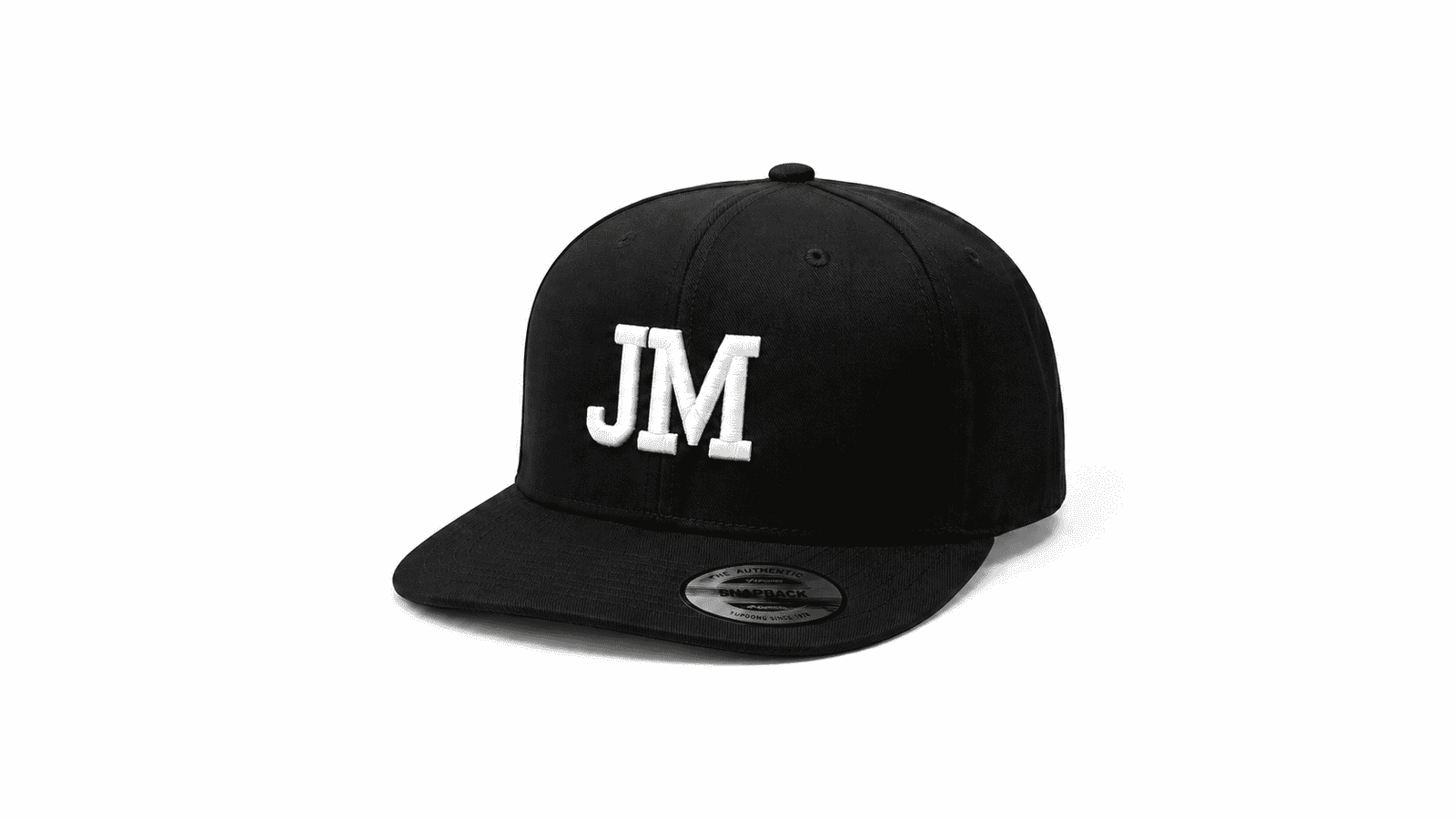 Custom black snapback hat with white 3D JM embroidery and structured flat brim