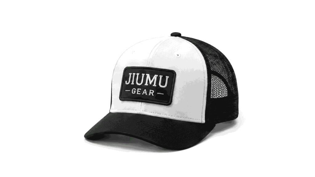 Custom black and white trucker hat with breathable mesh back and JIUMU Gear logo patch