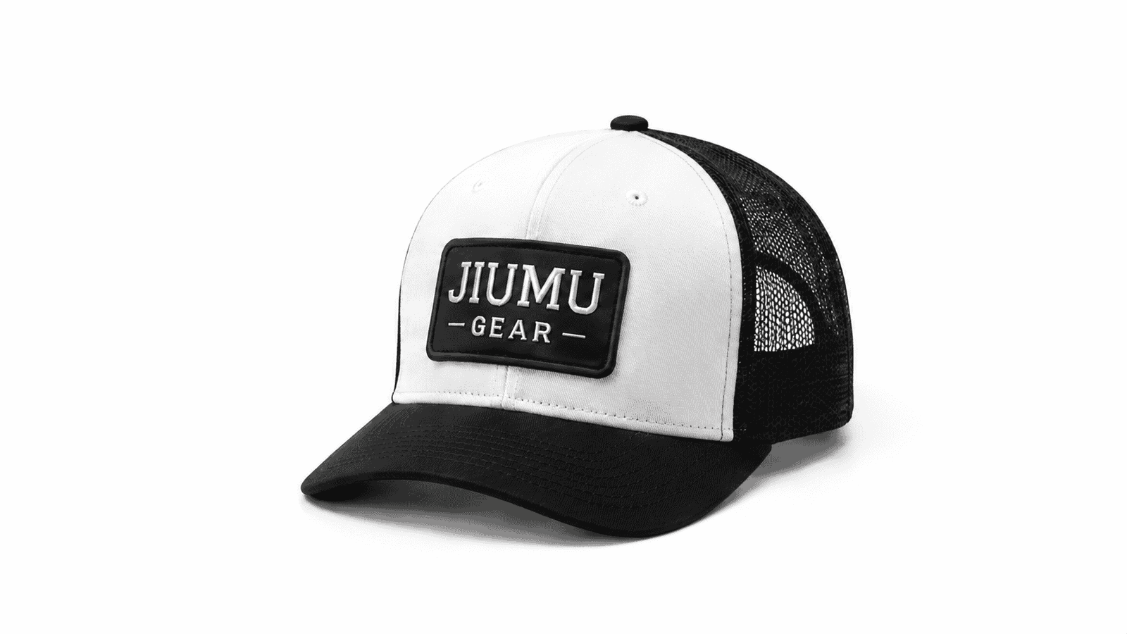 Custom black and white trucker hat with breathable mesh back and JIUMU Gear logo patch
