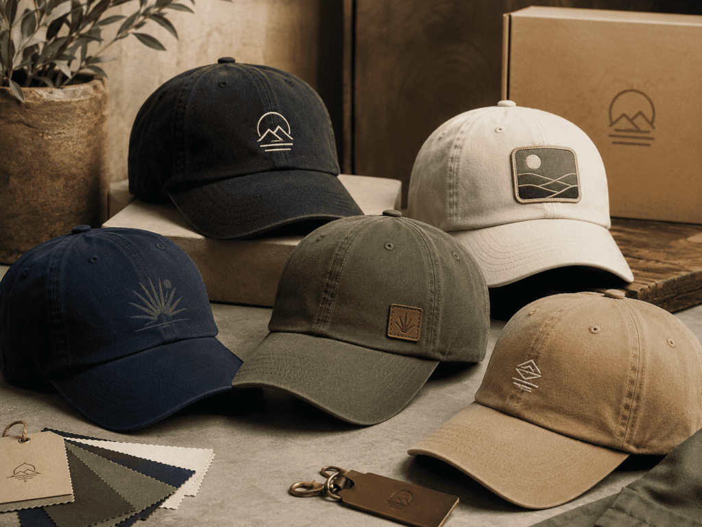 Custom dad hats featuring embroidered logos, premium patches, leather labels, printed designs, and custom colors for brands, organizations, streetwear companies, golf events, and corporate merchandise programs.