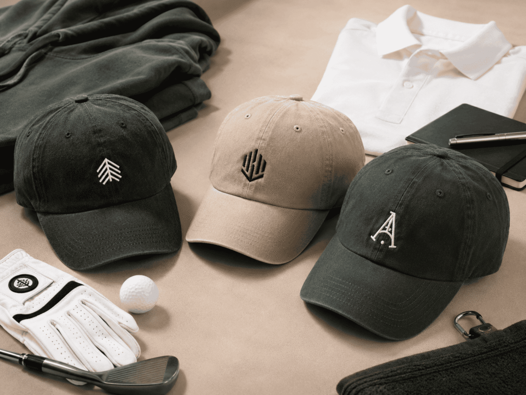 Custom dad hats featuring unstructured 6-panel crowns, curved brims, and original embroidered logos, designed for streetwear brands, golf events, corporate merchandise, and custom apparel programs.