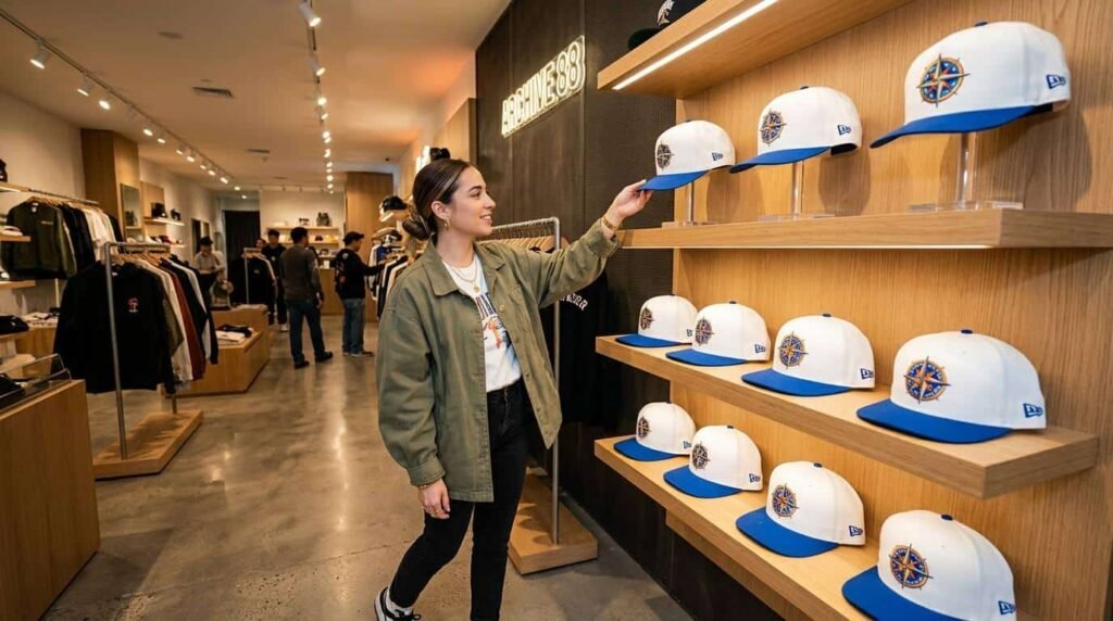 Custom Flat Brim Baseball Cap —Retail – Display arrangements in trendy street stores