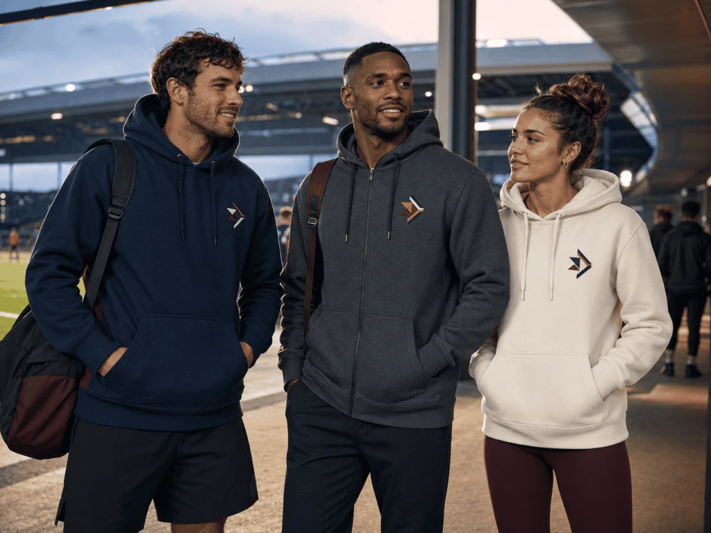 Custom pullover and zip-up team hoodies for athletic training, team travel and fan merchandise at a modern sports stadium.
