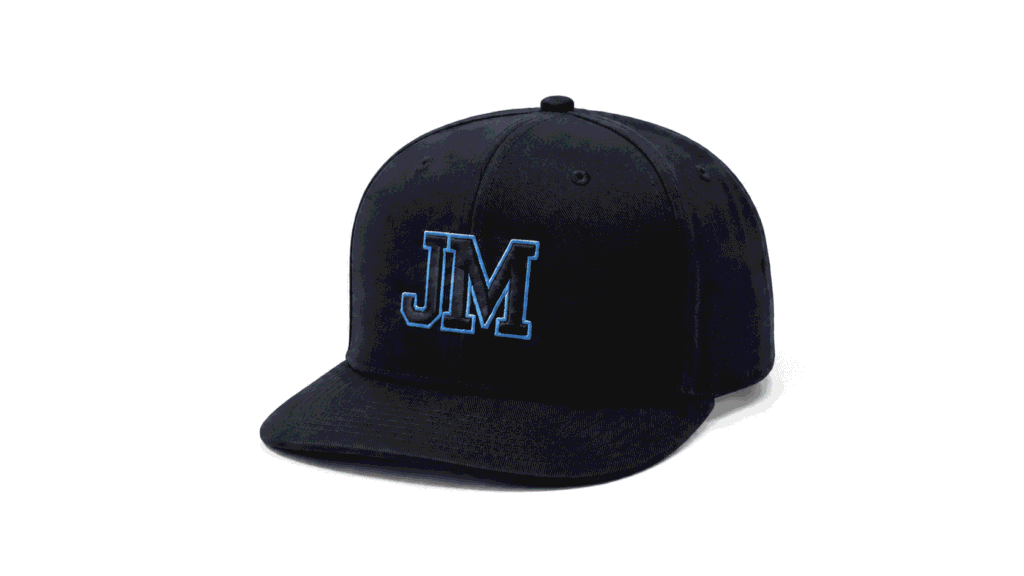 Custom navy fitted baseball hat with tonal blue JM embroidery and structured flat brim