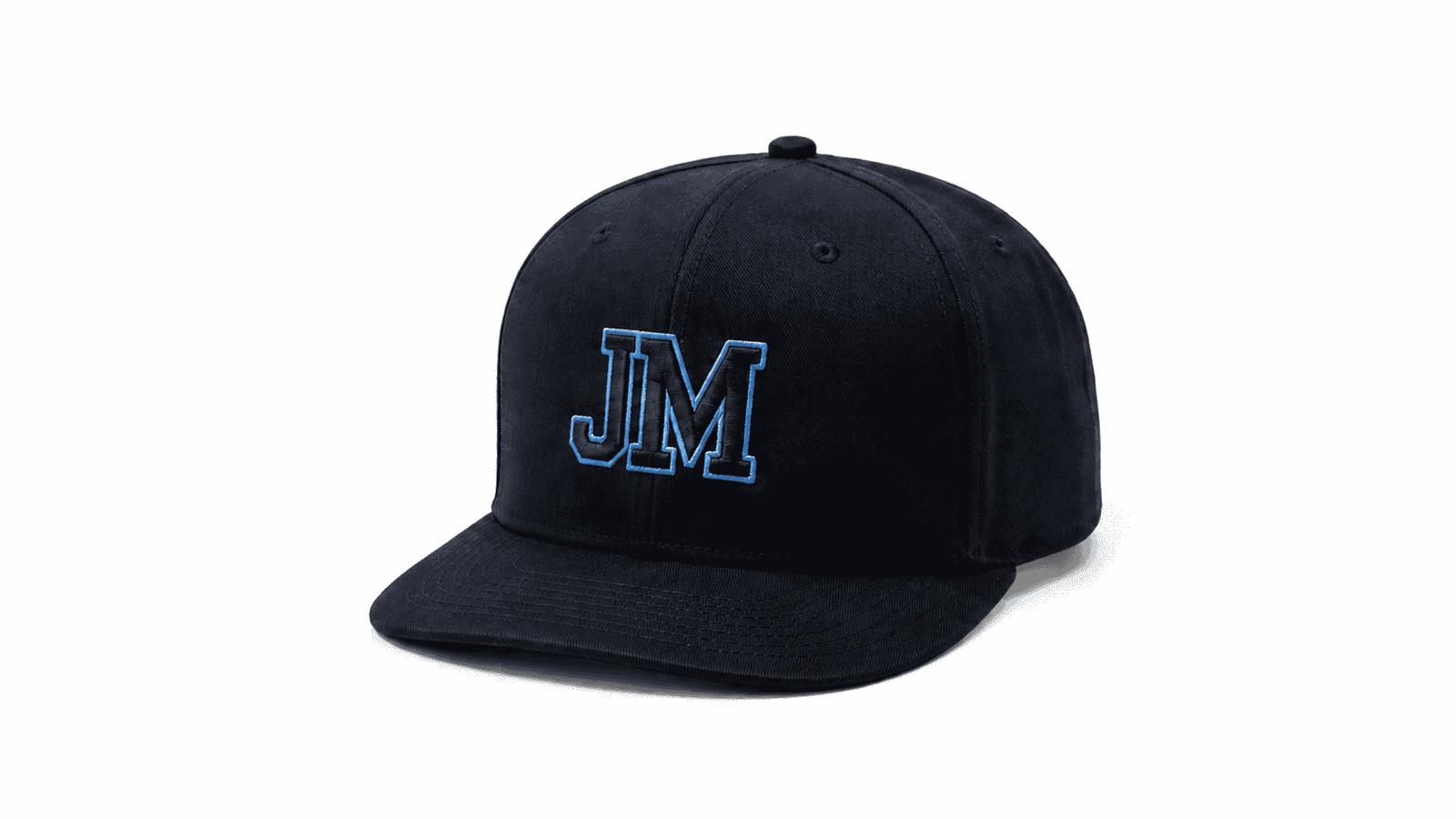 Custom navy fitted baseball hat with tonal blue JM embroidery and structured flat brim