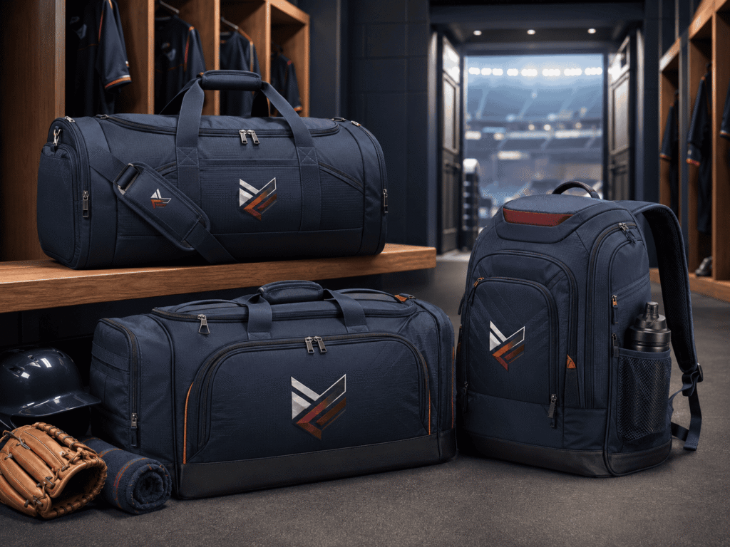 Custom team duffel bag, athletic backpack and sports gear bag with coordinated navy branding in a professional baseball locker room.