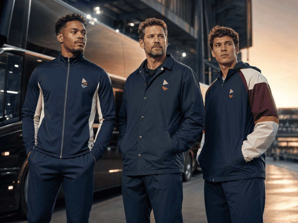 Custom athletic, coach and warm-up team jackets designed for sports travel and personalized branding outside a modern stadium.