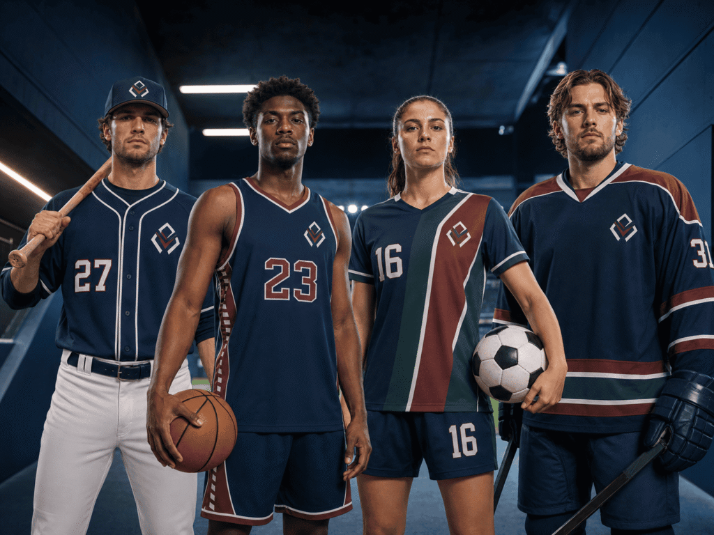 Custom team jerseys for baseball, basketball, soccer and ice hockey worn by athletes inside a modern sports stadium tunnel.
