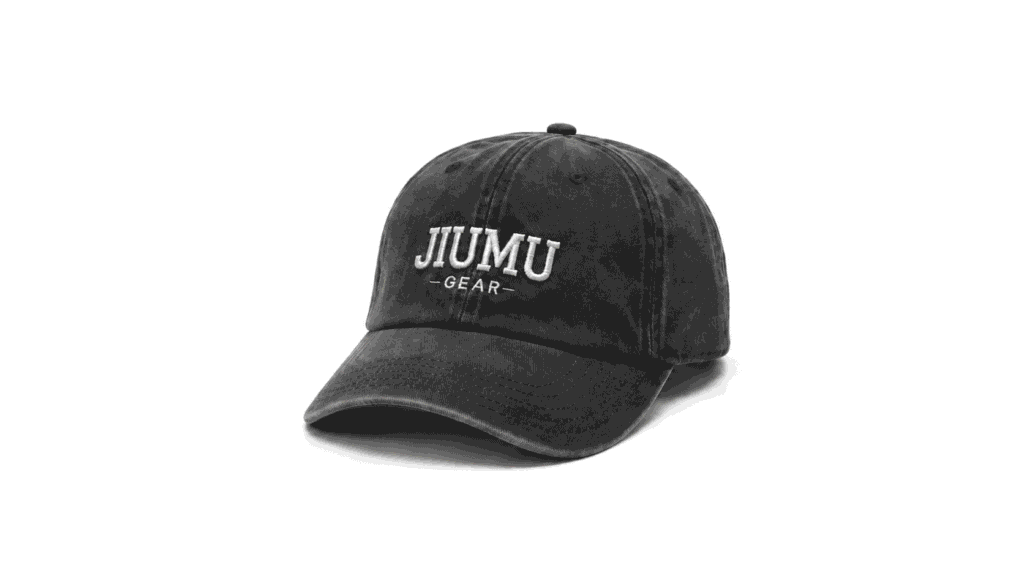 Custom washed black dad hat with white embroidered JIUMU Gear logo and curved brim