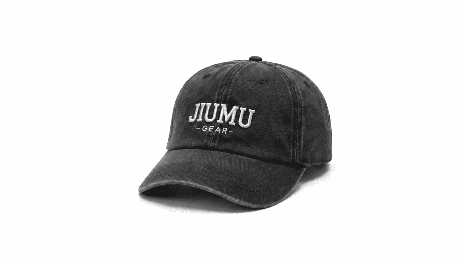 Custom washed black dad hat with white embroidered JIUMU Gear logo and curved brim
