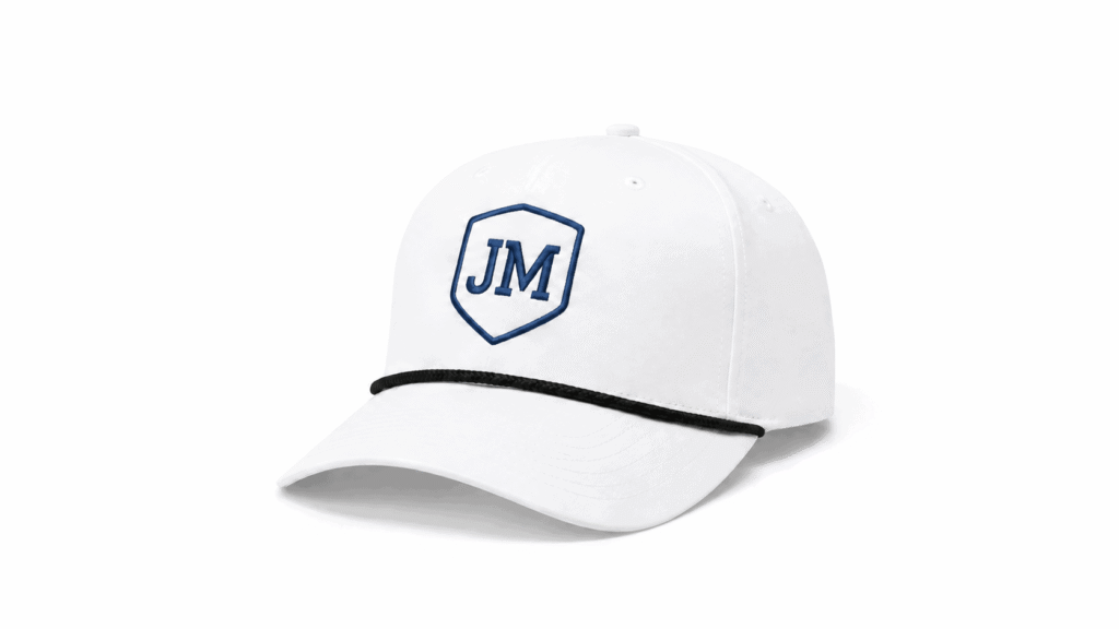 Custom white rope golf hat with navy embroidered JM shield logo and curved brim