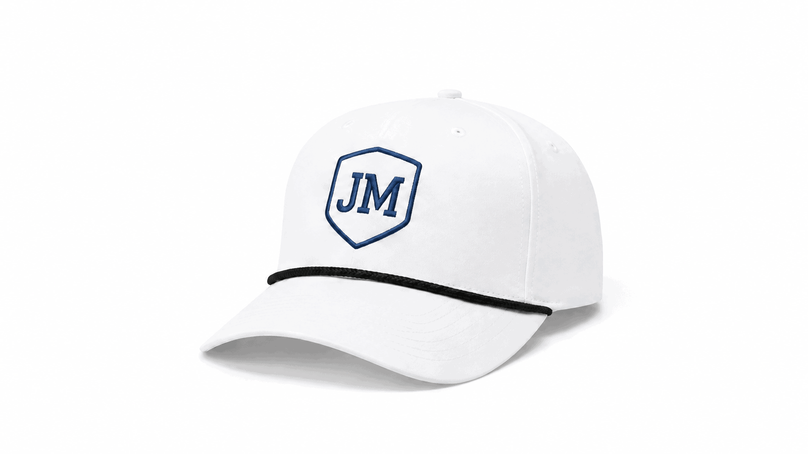 Custom white rope golf hat with navy embroidered JM shield logo and curved brim