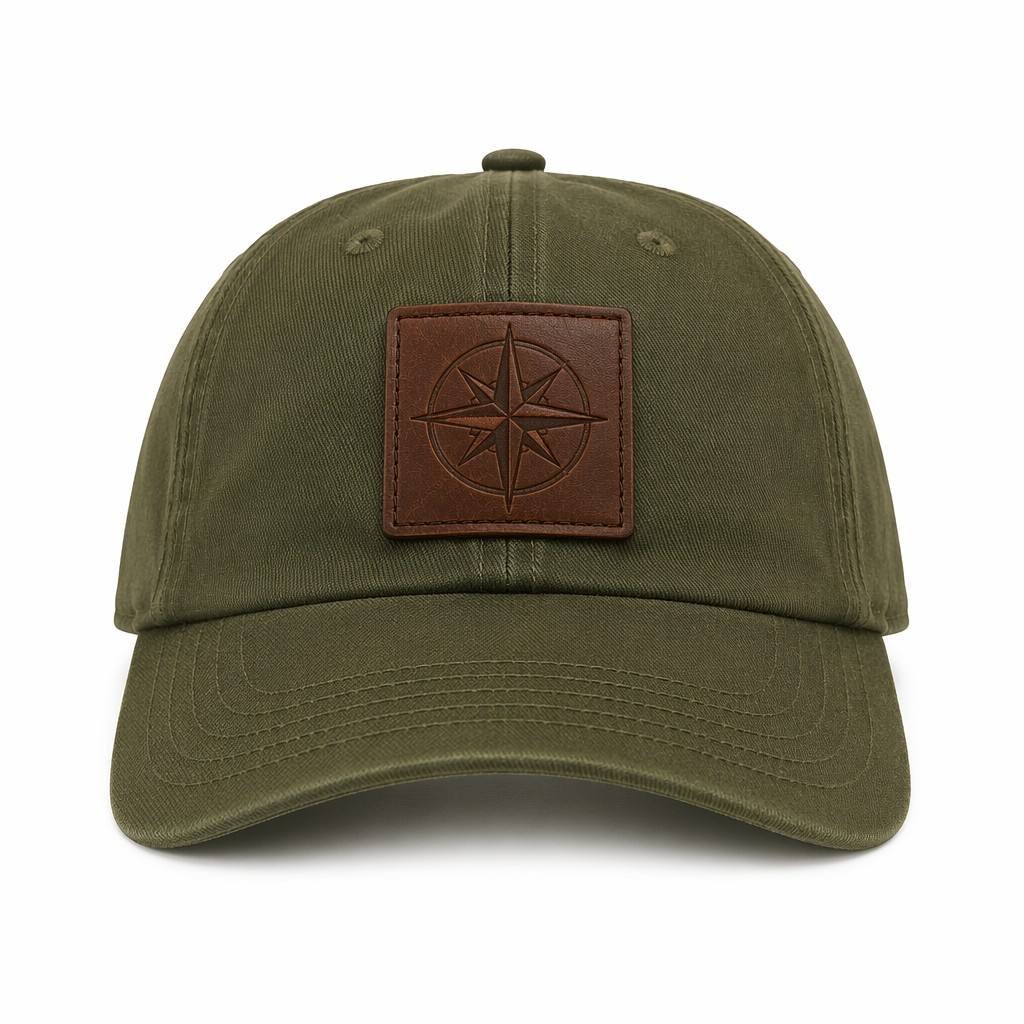 Dad Hats with Patch—Leather Patch—Olive Green