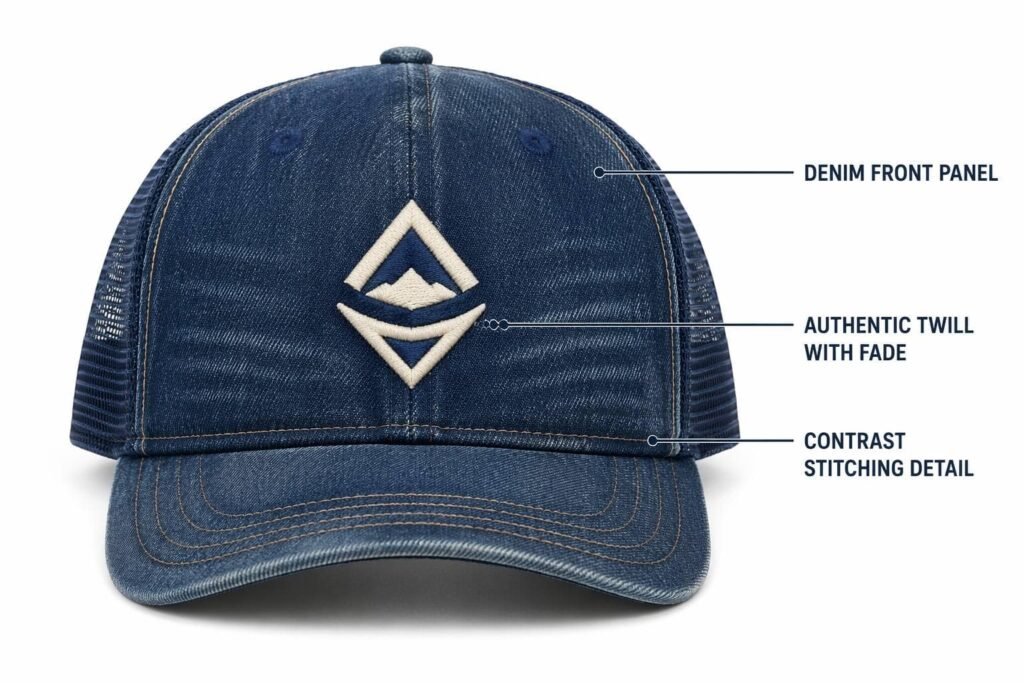 denim custom trucker hat in indigo blue wash with tonal mesh back, authentic twill with whiskering fade effects and contrast stitching, Americana workwear style, embroidered logo, wholesale B2B promotional caps for streetwear and casual fashion brands