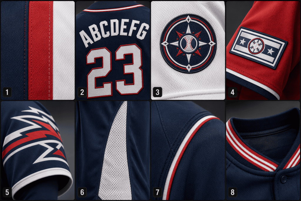 Custom baseball jersey design details — team colors, player names and numbers, embroidered team logos, sponsor patches, sleeve graphics, mesh side panels, contrast double piping, and striped ribbed knit collar styles for OEM ODM team uniform manufacturing for clubs, schools, and leagues.