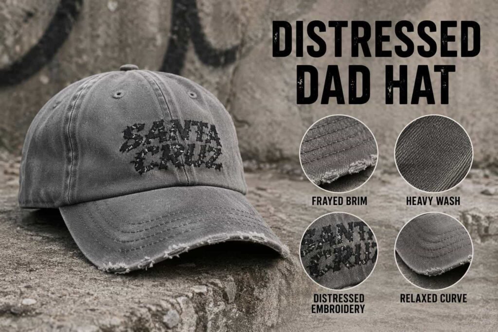 Stone gray heavily distressed dad hat with frayed brim edge, heavy garment wash finish, cracked vintage embroidery, and relaxed curved brim — 90s grunge style custom worn-in baseball cap for skate brands, streetwear labels, and vintage-inspired collections