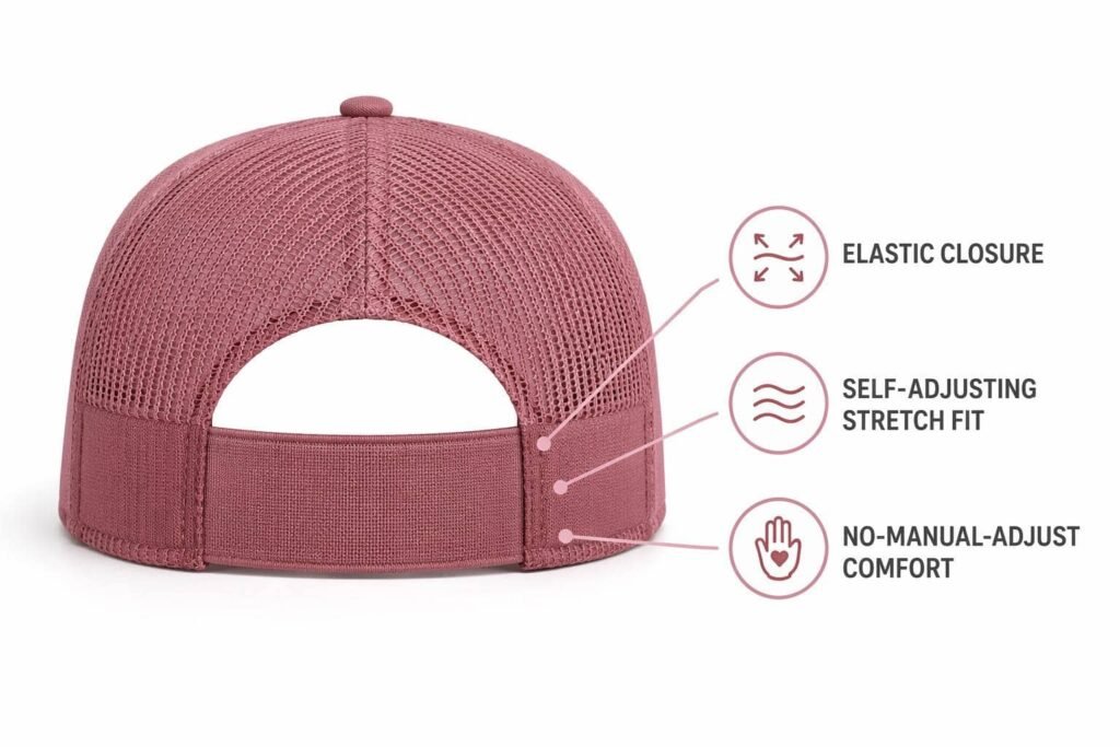 elastic closure custom trucker hat in dusty rose pink, rear view showing wide self-adjusting stretch band for automatic fit, no manual adjustment needed, ultra-comfortable hands-free design, embroidered logo, wholesale B2B promotional caps with elastic back for giveaways and event merchandise